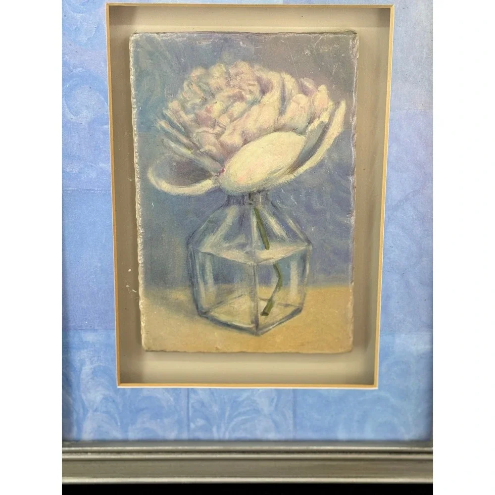 Floral Still Life Framed Tile Art Pink Flower in Glass Vase Silver Frame